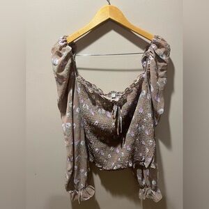 Blush Floral Smocked Blouse - light purple and Tan.
